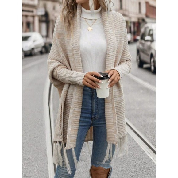 Casual Space Dye Batwing Sleeve Fringe Hem Duster Cardigan - Picture 3 of 7